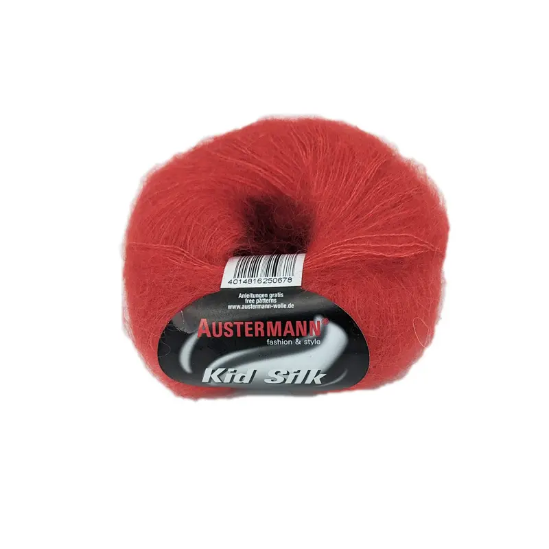 Bild på Kid Silk garn från Austermann med röd färg.